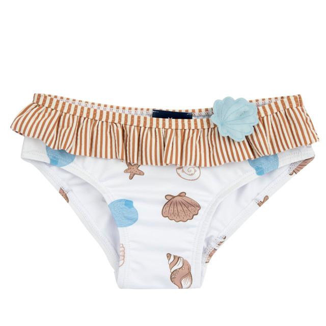 Costume slip azzurro da bambina Chicco con balza rigata in vita e applicazione a conchiglia imbottita, realizzato in tessuto tecnico riciclato con stampa fantasia. | Chicco