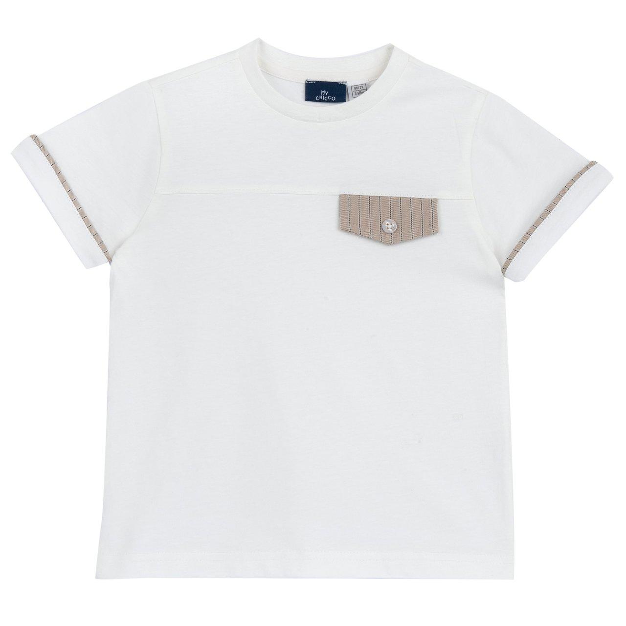 Maglietta a manica corta Chicco bianca in morbido jersey di cotone sostenibile per bambino, con taschino decorativo e profili rigati. | Chicco