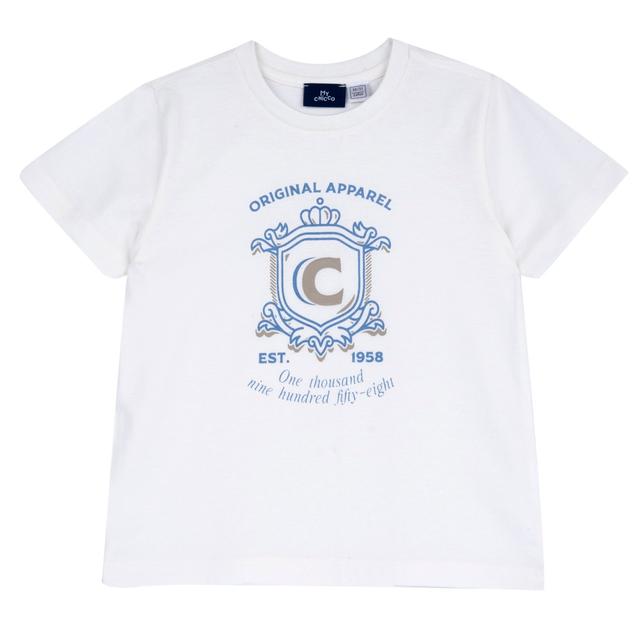 Maglietta a manica corta bianca in jersey di cotone Chicco per bambino con stampa a rilievo, ideale per la primavera/estate. | Chicco