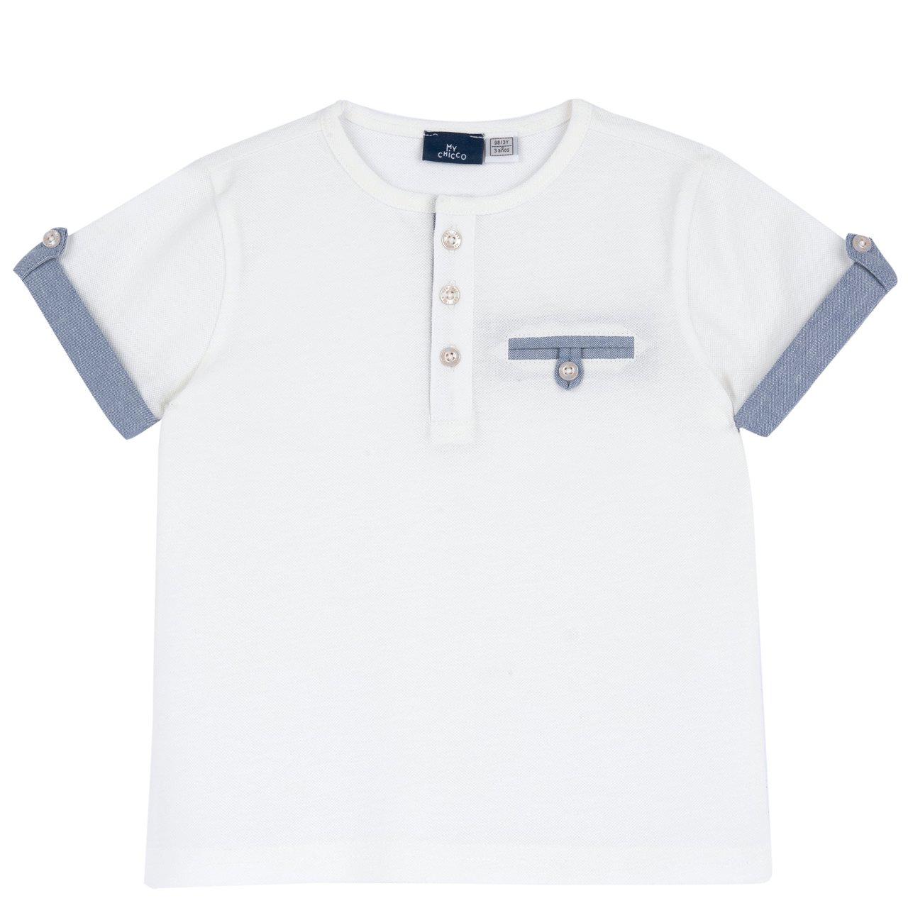 Maglietta a manica corta in piquet di cotone bianco per bambino Chicco, con dettagli a contrasto in oxford di cotone, ideale per primavera/estate. | Chicco