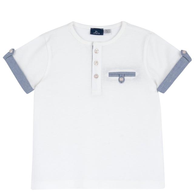 Maglietta a manica corta in piquet di cotone bianco per bambino Chicco, con dettagli a contrasto in oxford di cotone, ideale per primavera/estate. | Chicco