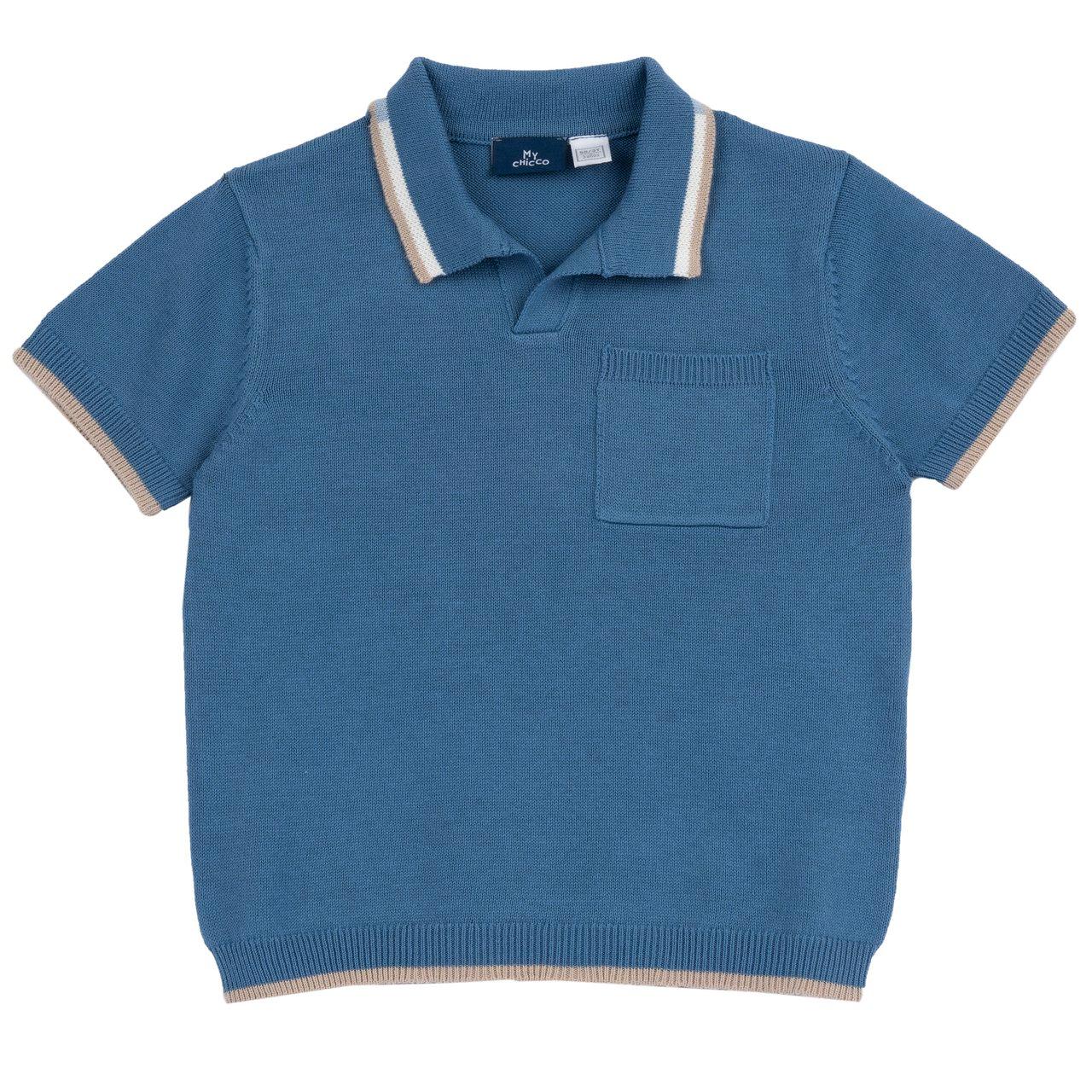 Polo azzurra a manica corta in cotone per bambino Chicco, con dettagli a contrasto e taschino sul petto, ideale per primavera/estate. | Chicco