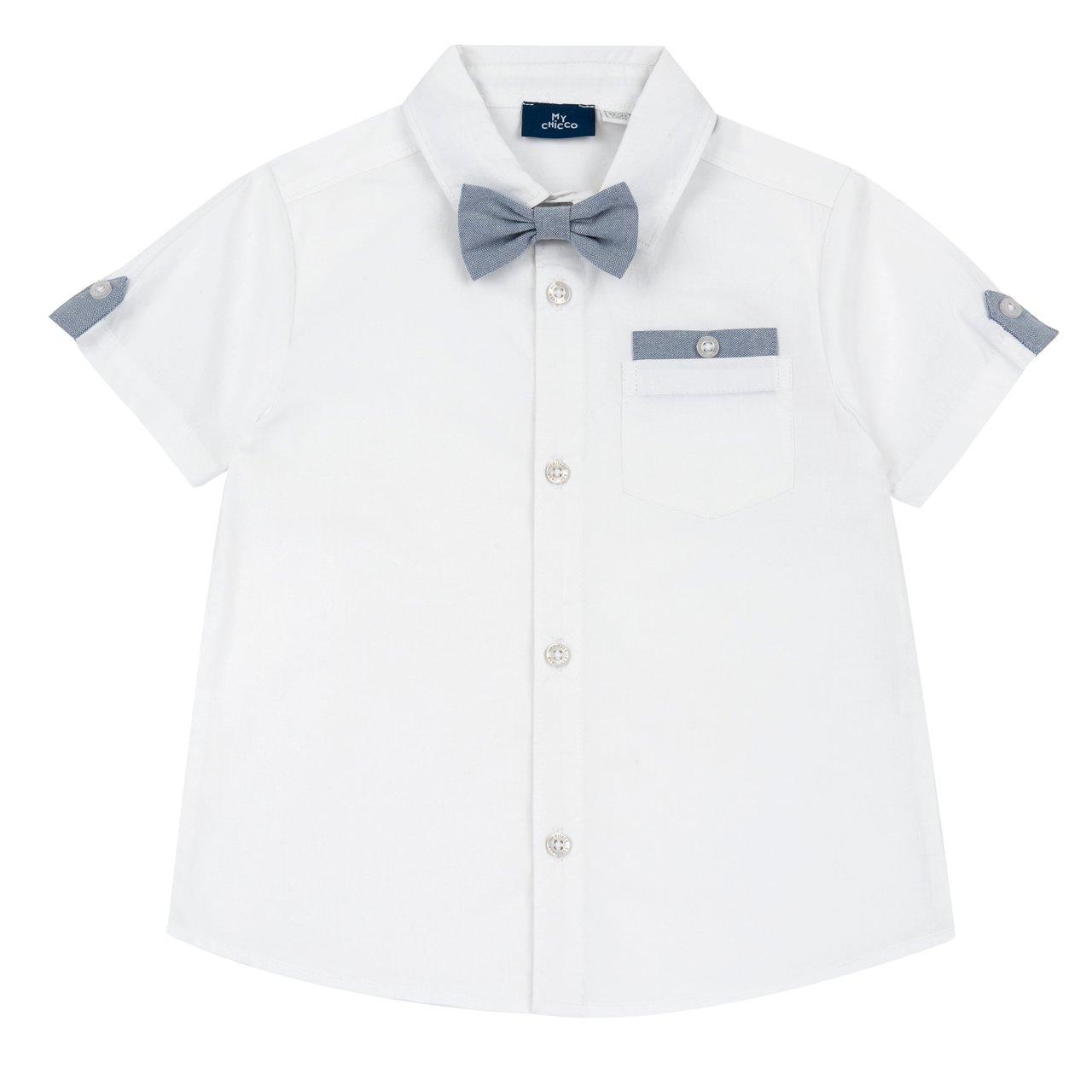 Camicia bianca a manica corta Chicco per bambino in popeline di cotone sostenibile, con papillon rimovibile in oxford. | Chicco