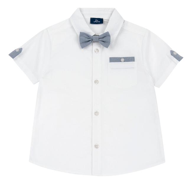 Camicia bianca a manica corta Chicco per bambino in popeline di cotone sostenibile, con papillon rimovibile in oxford. | Chicco