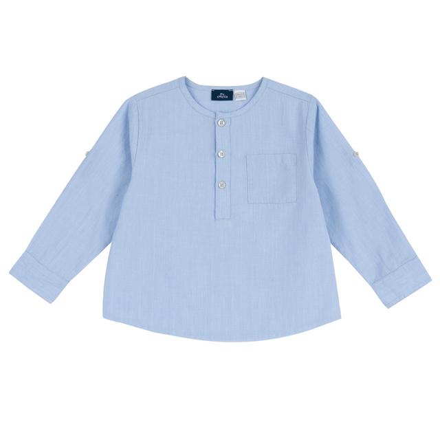 Camicia azzurra a manica lunga Chicco in fil à fil di cotone sostenibile, con collo alla coreana e chiusura a serafino, ideale per bambino. | Chicco