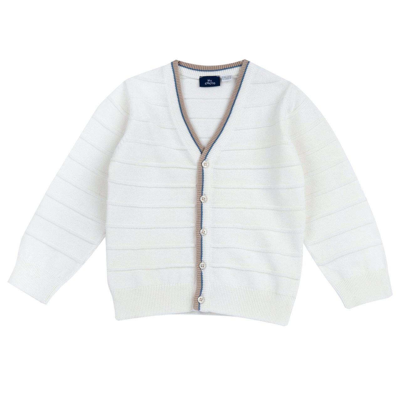 Cardigan in maglia di cotone bianco per bambino Chicco con righe in rilievo e bordi a contrasto, arricchito da bottoni personalizzati. | Chicco