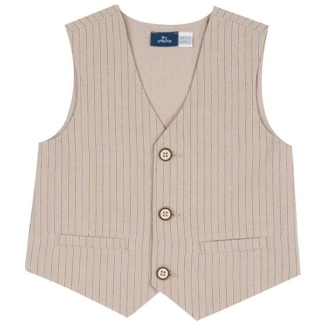 Gilet rigato grigio in gabardine di cotone sostenibile per bambino Chicco, con fodera in mussola e tasche decorative sul davanti. | Chicco