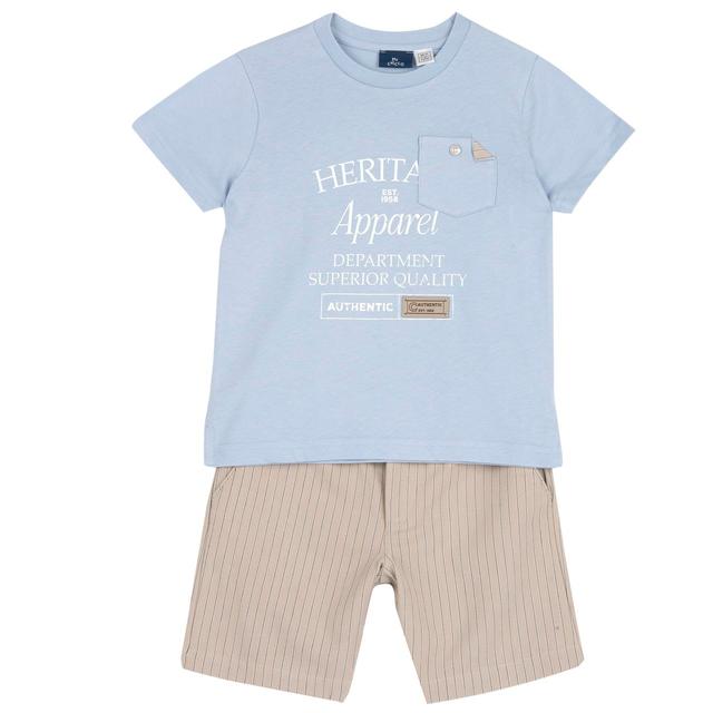 Completo Chicco per bambino con maglietta in jersey di cotone grigio con grafica acquerello e pantaloni corti rigati in gabardine di cotone. | Chicco
