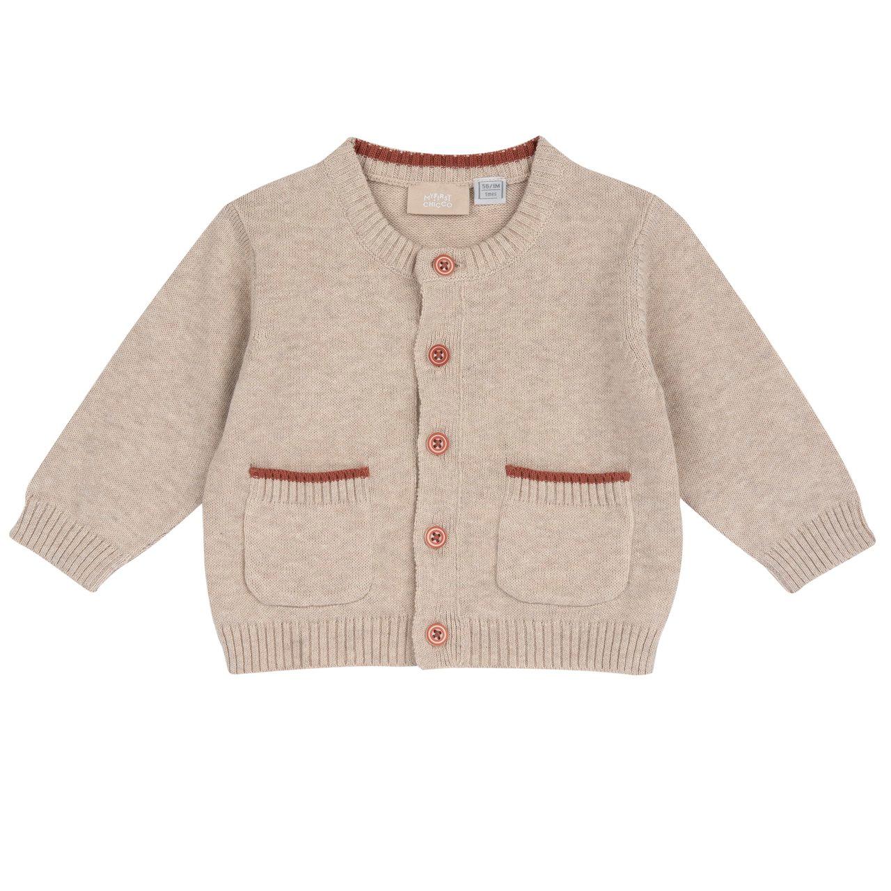Cardigan girocollo in maglia di cotone mélange bianco Chicco per bambino, con dettagli bordeaux e rinoceronte ricamato sul retro. | Chicco