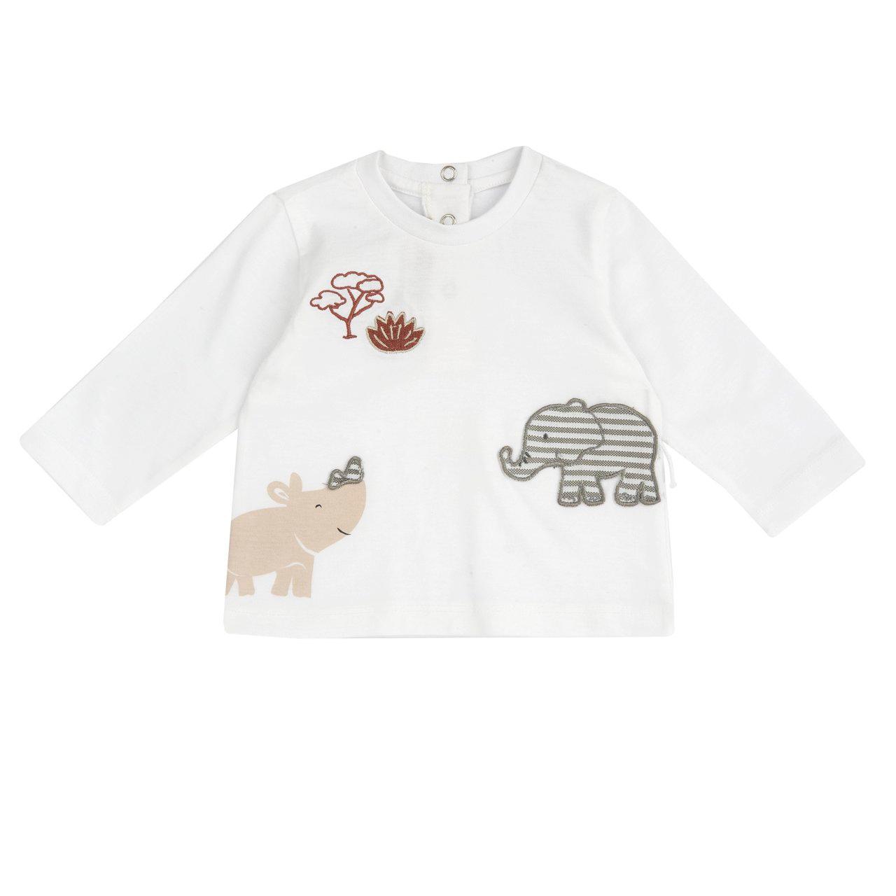 Maglietta a manica lunga bianca per bambino in morbido cotone sostenibile Oeko-Tex, con stampe a tema Savana sul davanti. | Chicco