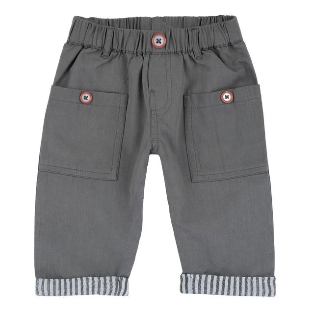 Pantaloni lunghi grigi Chicco per bambino in misto cotone e lyocell, con vita elasticizzata e risvolti a fantasia rigata. | Chicco