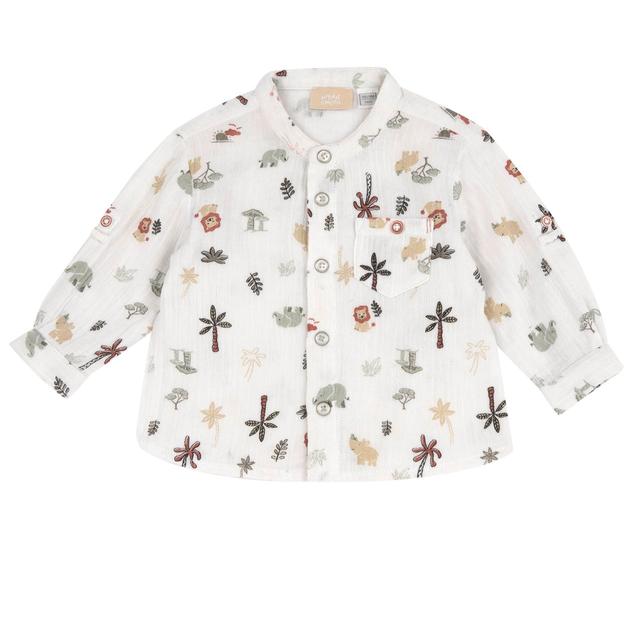 Camicia a manica lunga per bambino Chicco in garza di cotone bianco, con collo alla coreana, bottoni automatici e stampa fantasia Savana. | Chicco