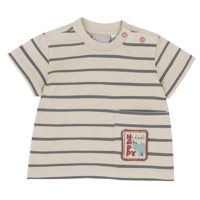 Maglietta a manica corta bianca per bambino Chicco in jersey di cotone sostenibile, con vivaci stampe Savana e righe, collo elasticizzato e apertura sulla spalla con bottoni automatici. | Chicco