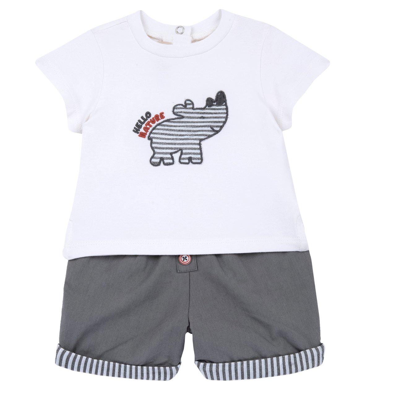 Completo Chicco grigio per bambino con maglietta a manica corta e rinoceronte ricamato, e pantaloni corti con risvolti rigati. | Chicco