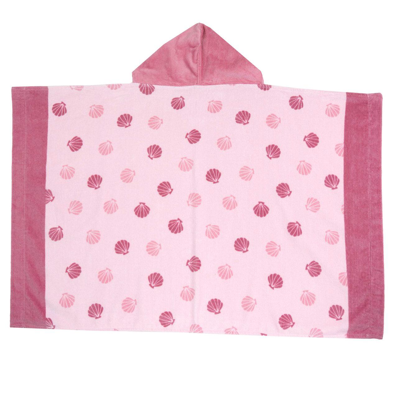 Telo mare Chicco in spugna di cotone rosa con cappuccio per bambina, stampa conchiglie e dettagli a contrasto, misura 115x75 cm. | Chicco
