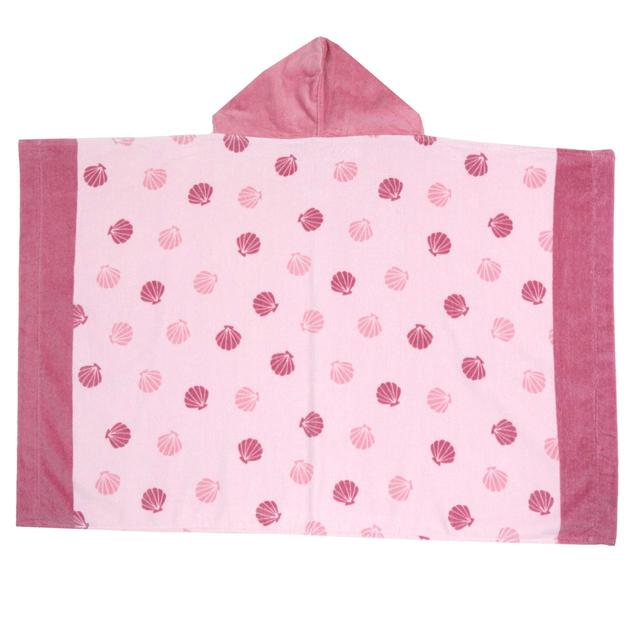 Telo mare Chicco in spugna di cotone rosa con cappuccio per bambina, stampa conchiglie e dettagli a contrasto, misura 115x75 cm. | Chicco