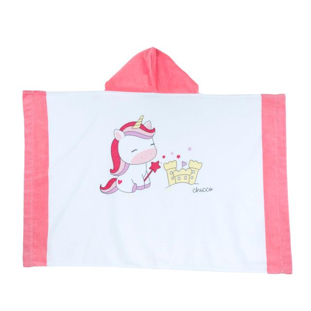 Telo mare Chicco in spugna di cotone rosa con cappuccio per bambina, stampa conchiglie e dettagli a contrasto, misura 115x75 cm. | Chicco