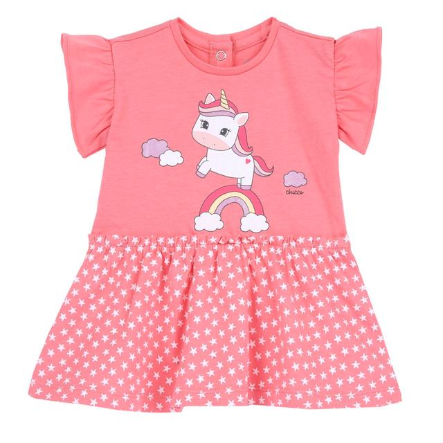 Vestito girocollo rosa Chicco a manica corta per bambina, in cotone sostenibile, con rouches e stampa unicorno e stelline, dotato di bottoncini automatici sul retro. | Chicco