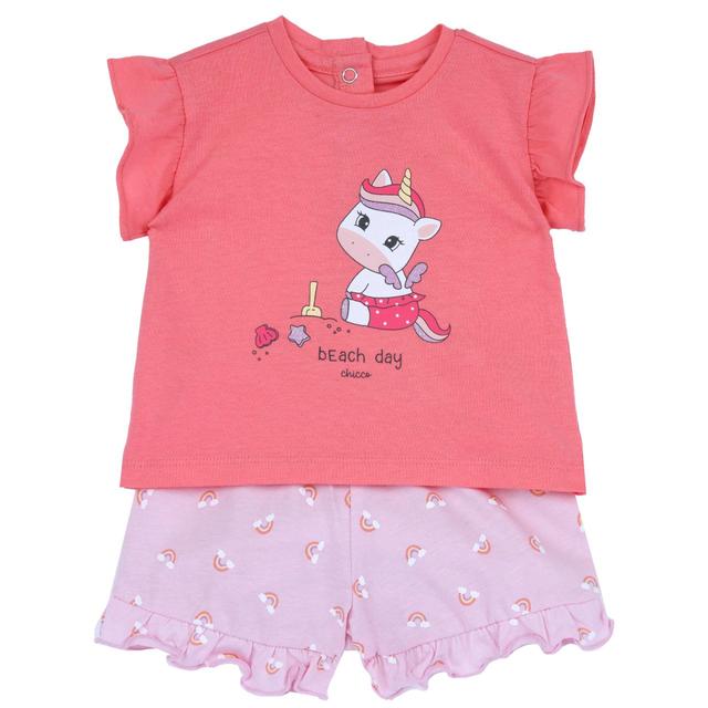 Completo estivo Chicco per bambina rosa, maglietta manica corta con rouches e stampa unicorno, abbinata a pantaloni corti in jersey stampato con arcobaleni e vita elasticizzata. | Chicco