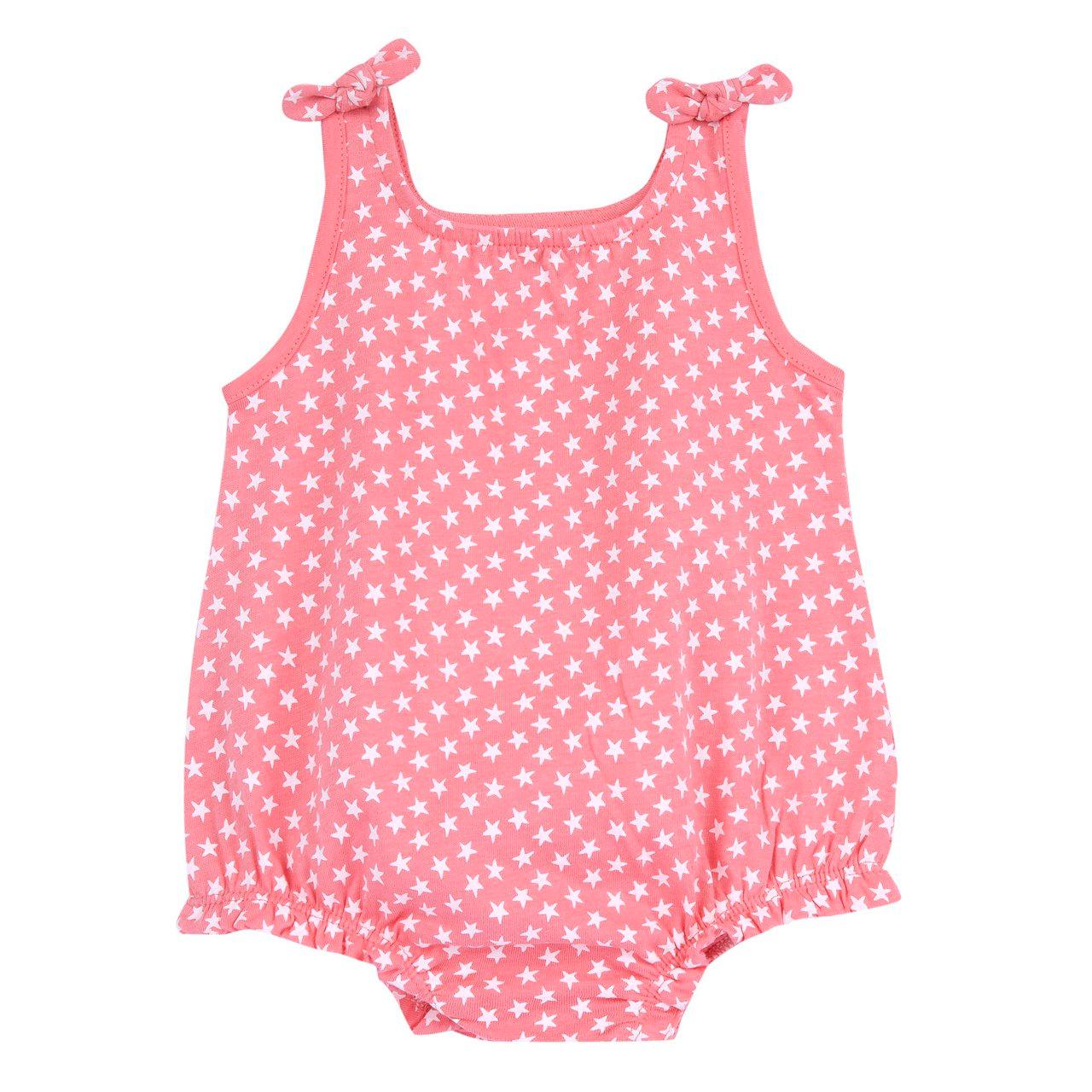 Pagliaccetto senza maniche rosa per bambina Chicco in cotone sostenibile con stampa fantasia di stelline e fiocchetti applicati. | Chicco