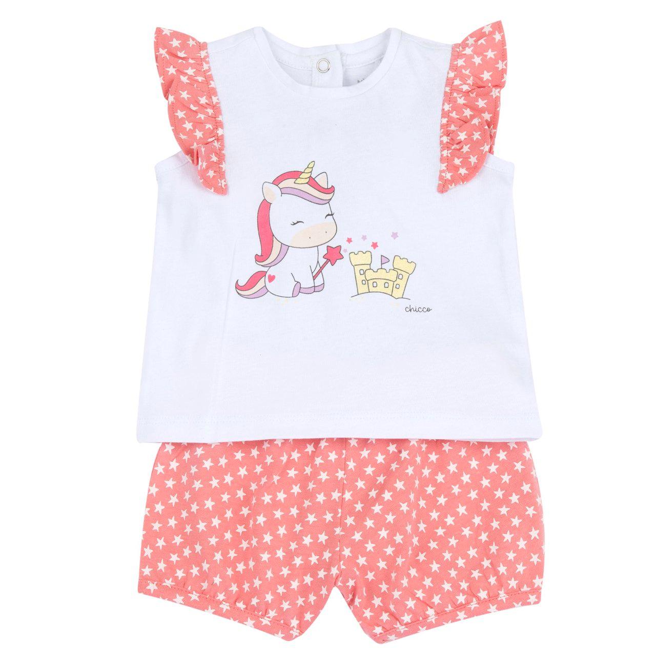 Completo mare bambina Chicco con maglietta rosa unicorno e pantaloni stelline, in cotone sostenibile Oeko-Tex. | Chicco