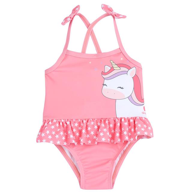 Costume intero rosa per bambina Chicco con stampa unicorno laterale e fiocchetti sulle spalline, in tessuto tecnico riciclato. | Chicco