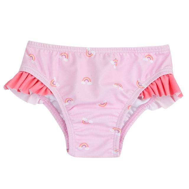 Costume slip da mare rosa per bambina Chicco con stampa arcobaleni, realizzato in tessuto tecnico riciclato, ideale per primavera/estate. | Chicco