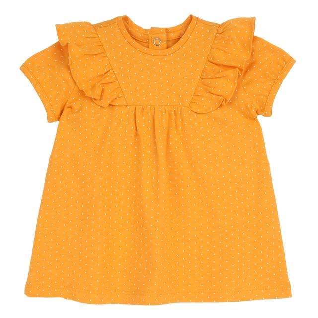 Vestito girocollo giallo a maniche corte con stampa micropois, rouches e bottoncini automatici posteriori per bambina. | Chicco