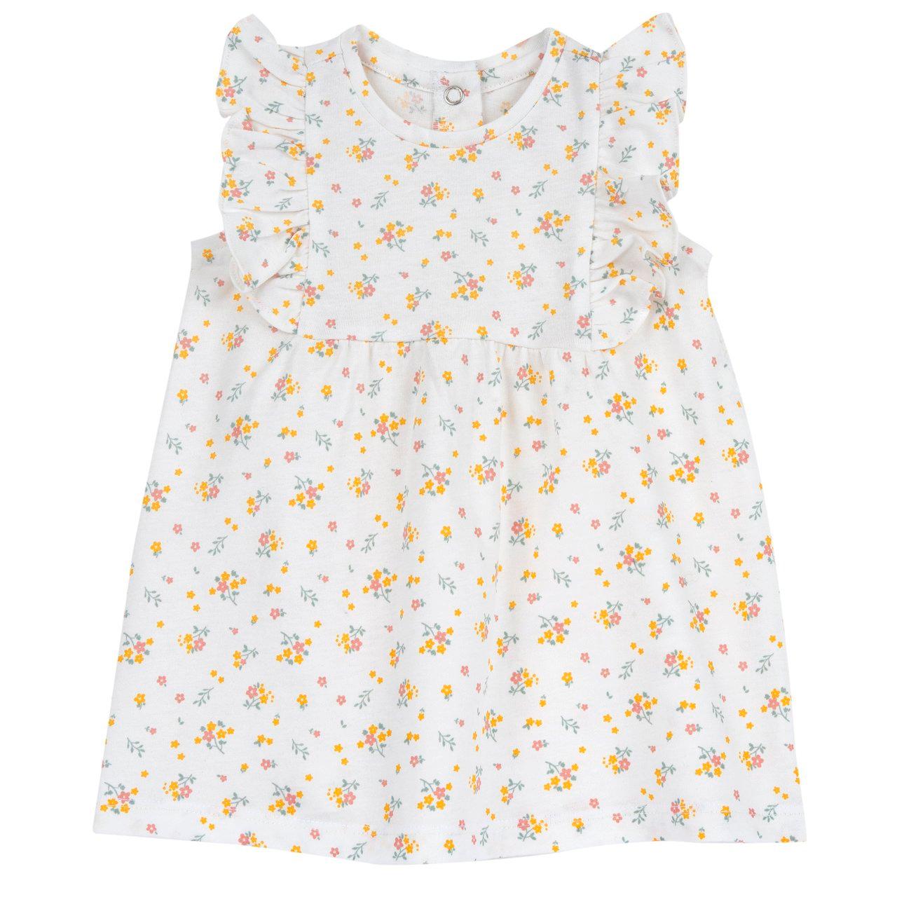 Vestito girocollo giallo per bambina con stampa di fiori, maniche ad aletta e bottoncini automatici sul retro, in morbido cotone sostenibile. | Chicco