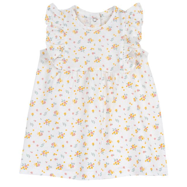 Vestito girocollo giallo per bambina con stampa di fiori, maniche ad aletta e bottoncini automatici sul retro, in morbido cotone sostenibile. | Chicco