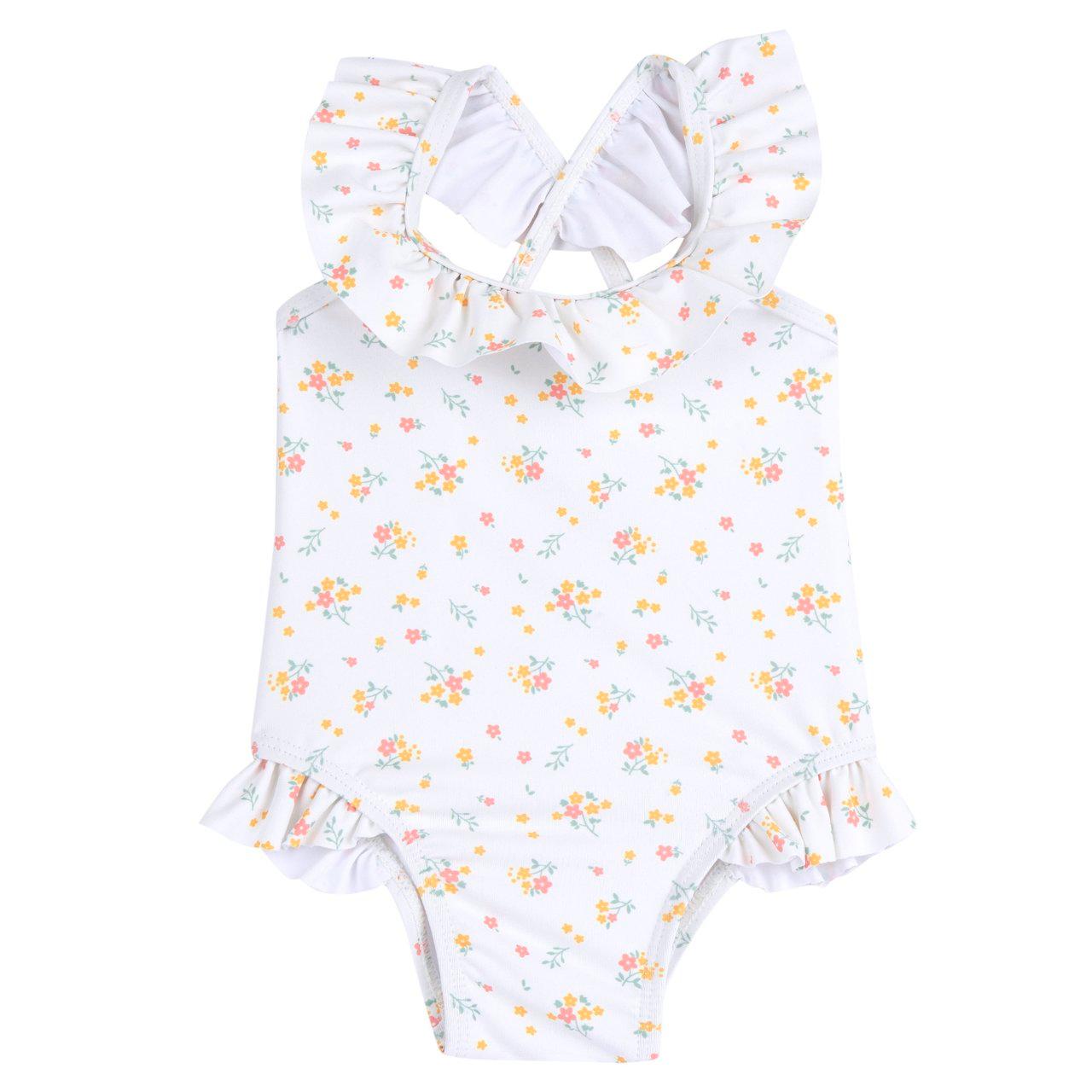 Costume intero giallo per bambina Chicco con stampa a piccoli fiori, in tessuto tecnico riciclato, ideale per la primavera/estate. | Chicco