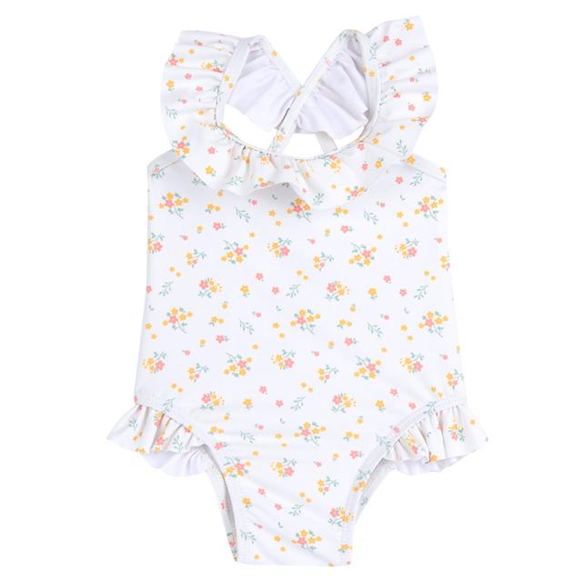 Costume intero giallo per bambina Chicco con stampa a piccoli fiori, in tessuto tecnico riciclato, ideale per la primavera/estate. | Chicco