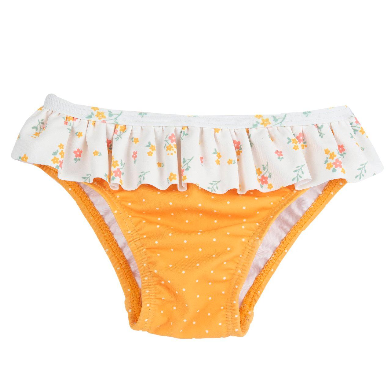 Costume slip mare per bambina Chicco giallo con fantasia floreale e micropois, realizzato in tessuto tecnico riciclato. | Chicco