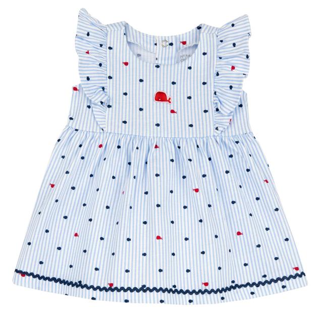 Vestito azzurro girocollo per bambina con maniche ad aletta in morbido jersey stampato, fantasia pesciolini e serpentina, balena imbottita, 100% cotone sostenibile, Chicco. | Chicco
