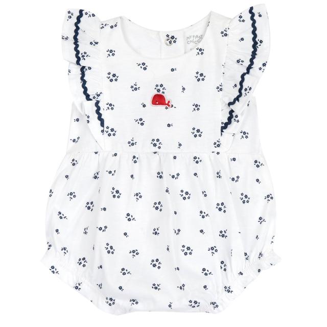 Pagliaccetto bianco Chicco per bambina con maniche ad aletta in jersey stampato a microfiorellini, 100% cotone sostenibile. | Chicco