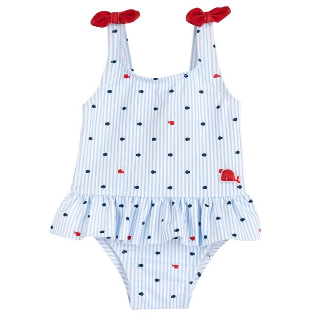 Costume intero azzurro per bambina Chicco con stampa pesciolini, applicazione balena imbottita e fiocchetti sulle spalline, in tessuto tecnico riciclato. | Chicco