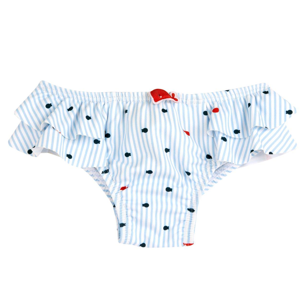 Costume slip azzurro da bambina Chicco con stampa fantasia di pesciolini e balena imbottita, in tessuto tecnico riciclato per la primavera/estate. | Chicco