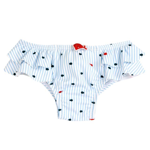 Costume slip azzurro da bambina Chicco con stampa fantasia di pesciolini e balena imbottita, in tessuto tecnico riciclato per la primavera/estate. | Chicco