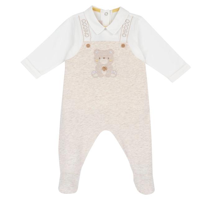 Tutina Chicco bianca effetto doppio capo in jersey di cotone elasticizzato per neonato, con bretelle logate e stampa antiscivolo sui piedini. | Chicco