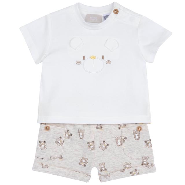 Completo estivo per bambino Chicco in jersey di cotone elasticizzato bianco, con maglietta a maniche corte e grafica ricamata, pantaloni corti con stampa orsetti e bottoni effetto legno. | Chicco