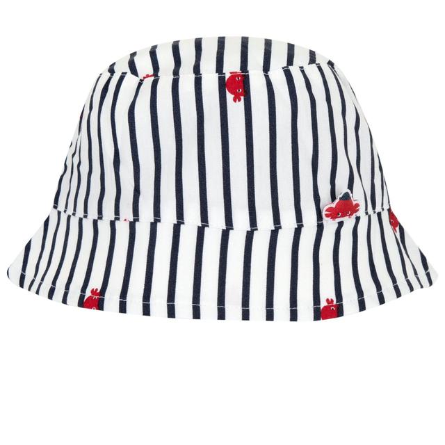 Cappello pescatore Chicco bianco in popeline di cotone con stampa fantasia righe e granchietti, ideale per bambino primavera/estate. | Chicco