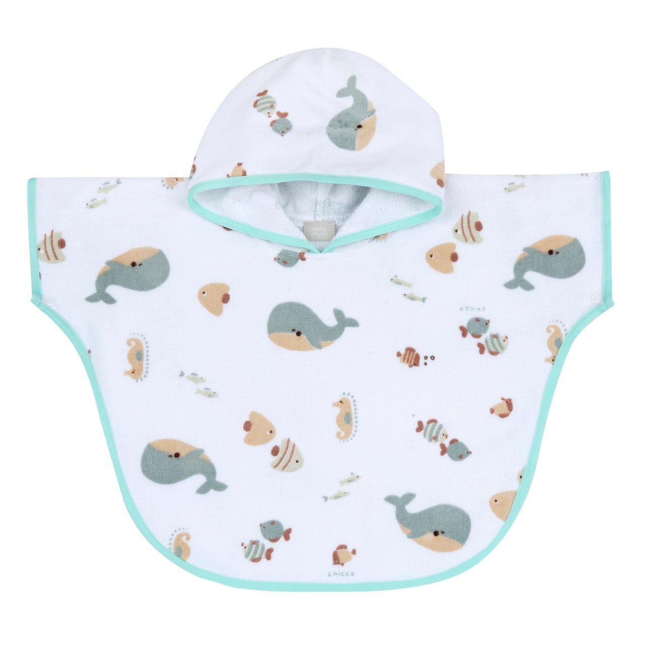 Poncho in spugna di cotone bianco Chicco per bambini con cappuccio, macro stampa frontale e chiusure automatiche, ideale per la primavera/estate. | Chicco