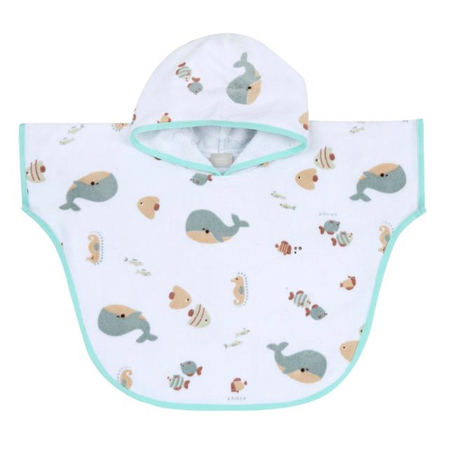 Poncho in spugna di cotone bianco Chicco per bambini con cappuccio, macro stampa frontale e chiusure automatiche, ideale per la primavera/estate. | Chicco