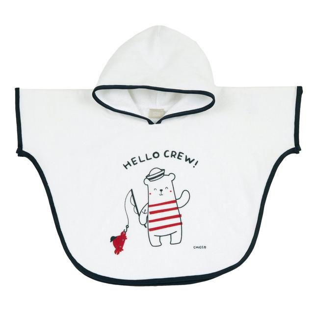 Poncho in spugna di cotone bianco Chicco per bambini con cappuccio, macro stampa frontale e chiusure automatiche, ideale per la primavera/estate. | Chicco