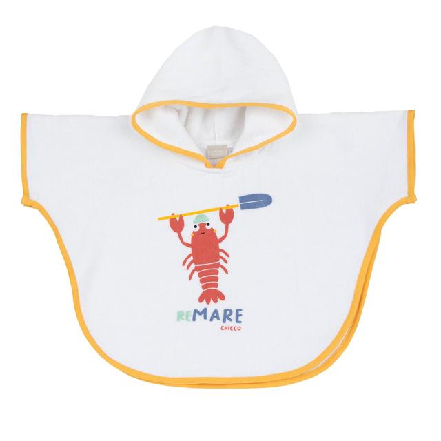Poncho in spugna di cotone bianco Chicco per bambini con cappuccio, macro stampa frontale e chiusure automatiche, ideale per la primavera/estate. | Chicco