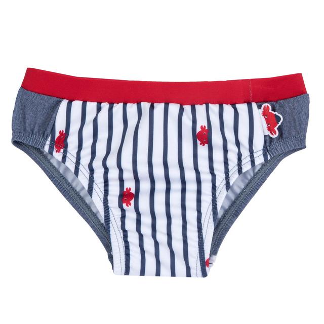 Costume slip mare bianco per bambino Chicco con fantasia righe e granchietti sul davanti e effetto mélange sul retro, cintura a contrasto e elastico in vita. | Chicco