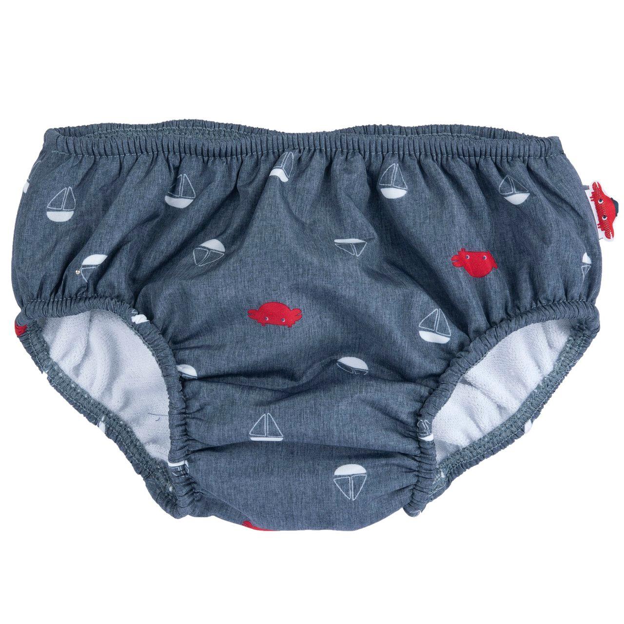 Costume contenitivo Chicco per bambino con stampa barchette e granchietti su sfondo mélange blu, realizzato in tessuto tecnico riciclato per la primavera/estate. | Chicco