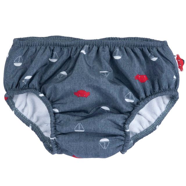 Costume contenitivo Chicco per bambino con stampa barchette e granchietti su sfondo mélange blu, realizzato in tessuto tecnico riciclato per la primavera/estate. | Chicco