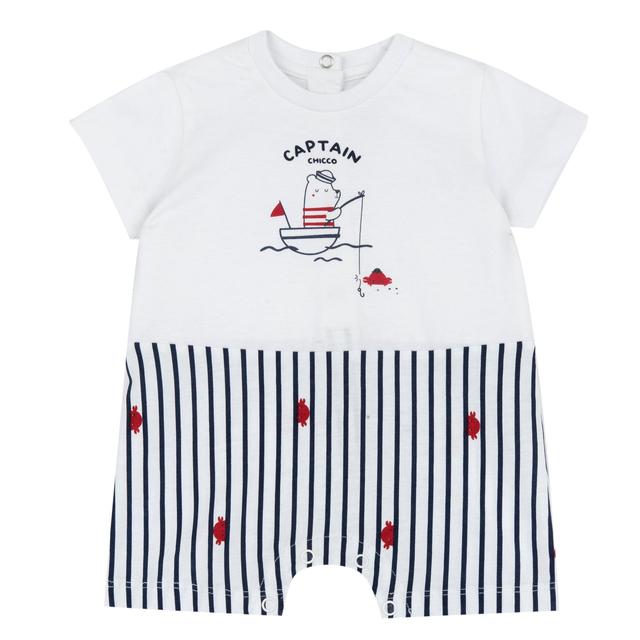 Pagliaccetto manica corta Chicco in morbido jersey di cotone bianco, con stampa fantasia granchietti e dettagli in rilievo. | Chicco