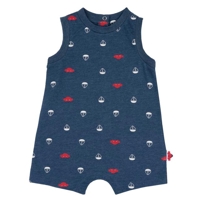 Pagliaccetto senza maniche Chicco in jersey di cotone mélange blu con stampa barchette e granchietti, certificato Oeko-Tex. | Chicco